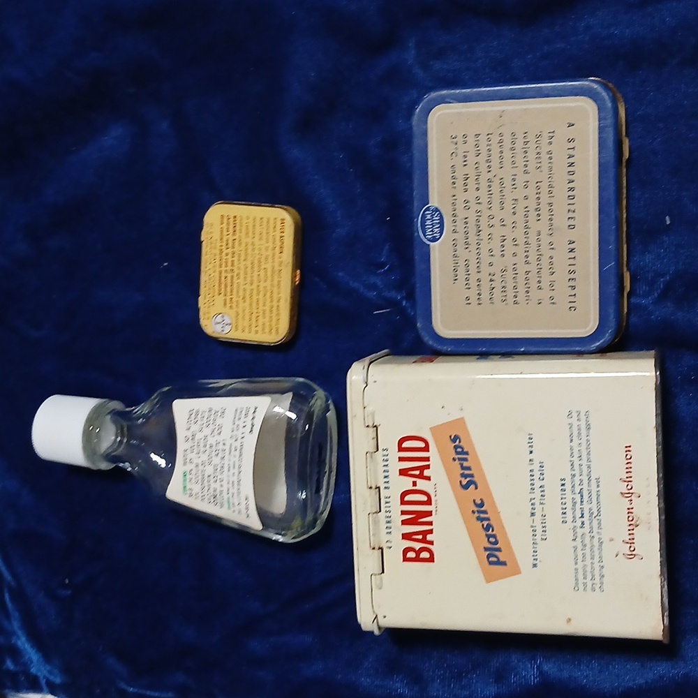 Antique Empty Metal Tins and Glass Mouthwash Bottle - Picture 3 of 4